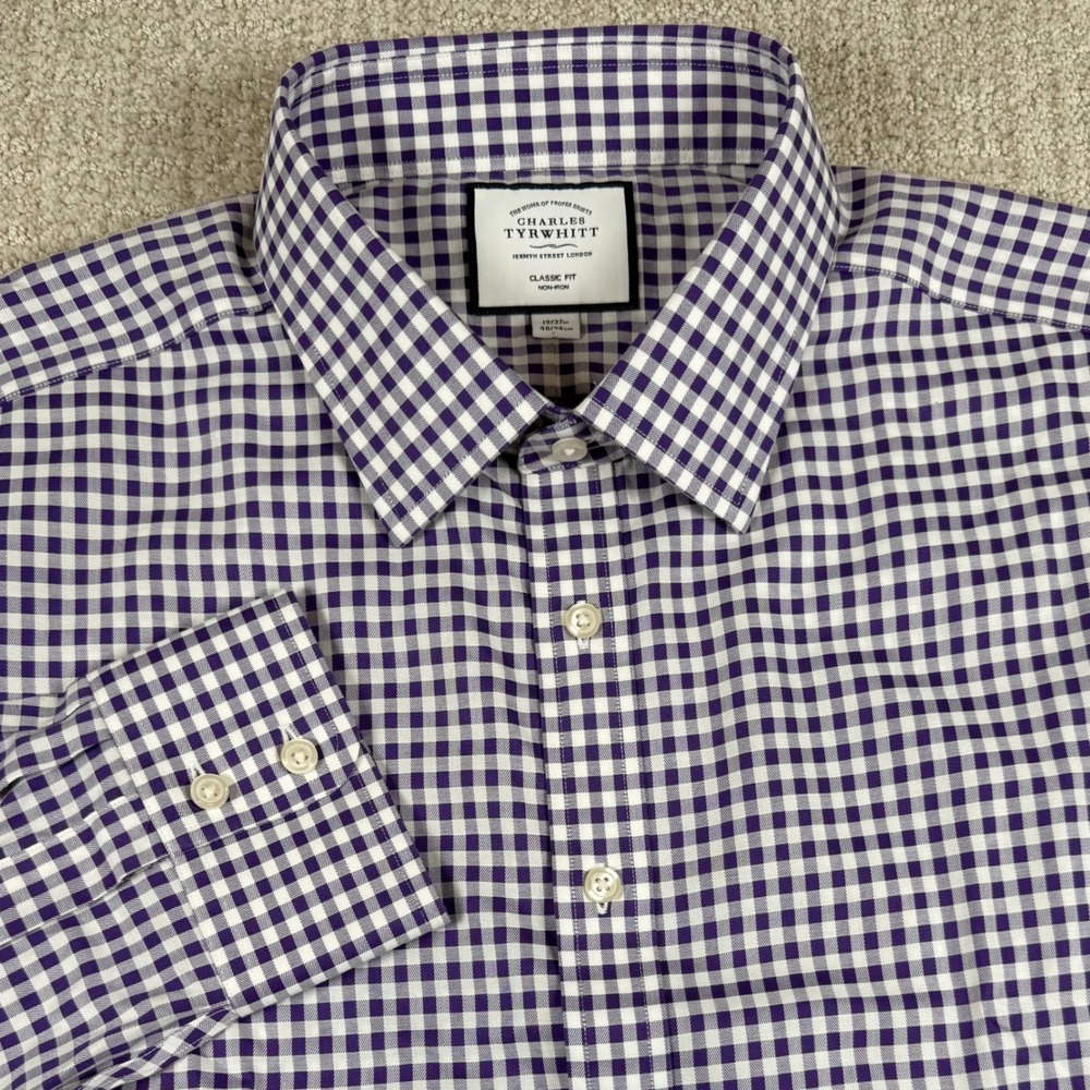 Charles Tyrwhitt Mens 19/37 Purple Gingham Classic Fit Non-Iron Button Up Shirt